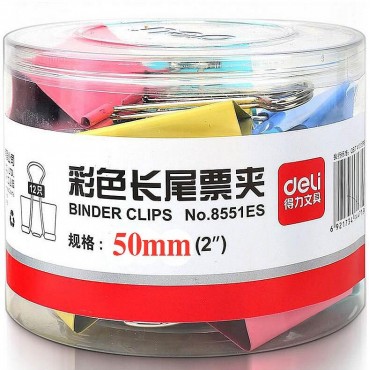 <strong style="color:red;">得力</strong>（deli）8551ES 彩色长尾夹50mm 12只/筒 票据夹/铁票夹/燕尾夹/鱼尾...